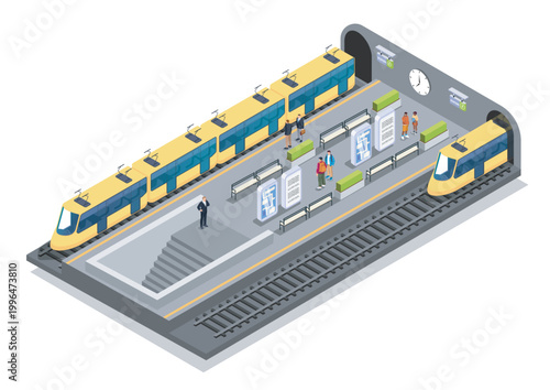 Urban metro platform with trains and commuters in isometric style on a light background, representing public transport efficiency. Hand-drawn vector illustration