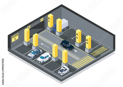 An indoor parking area with multiple cars and yellow pillars in an isometric style on a clean white background, conveying transport and infrastructure concepts. Hand-drawn vector illustration