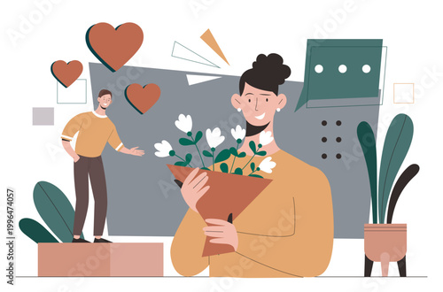 A person holding flowers with hearts and another figure nearby in a flat graphic style on a light background, showing affection and connection. Hand-drawn vector illustration