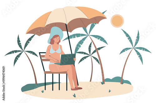 A woman under a beach umbrella working on a laptop in flat style on a sandy background, showing concept of remote work and vacation harmony. Hand-drawn vector illustration