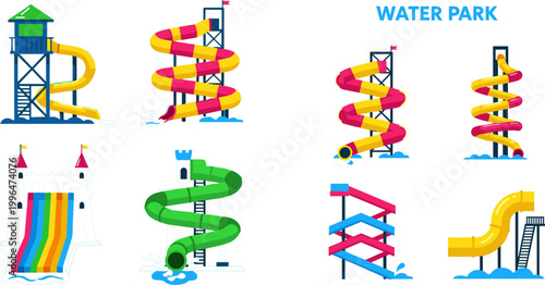 Colorful Flat Cartoon Water Park Slide Tower Castle Spiral Tube and Pool Attraction Vector Illustration Set for Summer Design