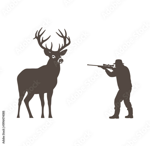 Man aiming rifle at deer with large antlers standing still  hunting scene