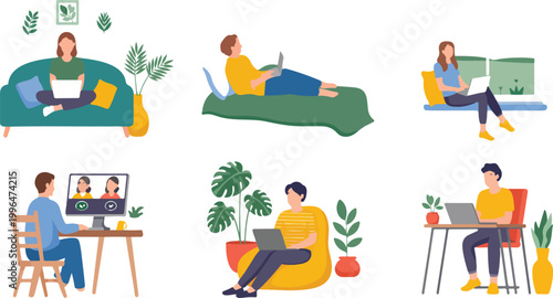 Man and woman working from home with laptops and smartphones, freelance remote work, online study and digital education concept