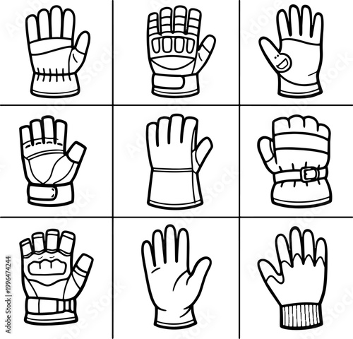Collection of various winter gloves and mittens in a grid illustration