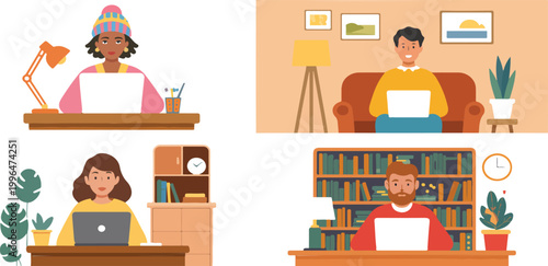 Diverse group of people working remotely from home, modern work from home lifestyle concept, flat vector illustration