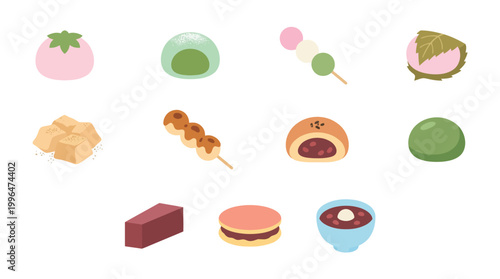 A delightful collection of Japanese sweets and desserts, showcasing a variety of textures and flavors, perfect for any sweet tooth.
