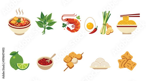 A vibrant collection of ingredients and dishes commonly found in Southeast Asian cuisine, including noodles, shrimp, spices, and herbs.