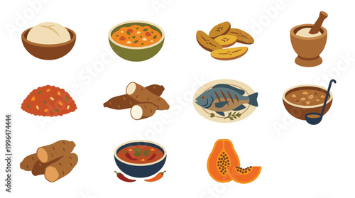 A vibrant collection of diverse food items, including root vegetables, fruits, prepared dishes, and cooking utensils, arranged in a grid.