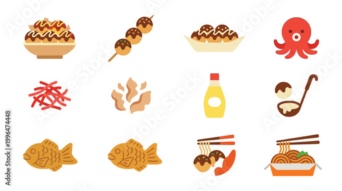 A vibrant collection of Japanese street food icons, featuring takoyaki, taiyaki, yakisoba, and other delicious treats.