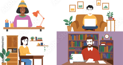 Diverse group of people working remotely from home, modern work from home lifestyle concept, flat vector illustration