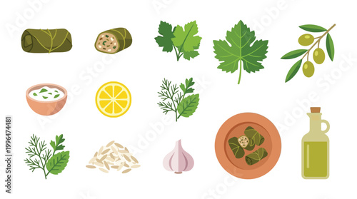 A vibrant collection of ingredients and dishes associated with Mediterranean cuisine, including dolmades, olives, lemons, and olive oil.