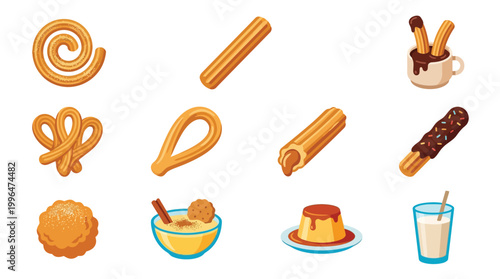 A vibrant collection of sweet Spanish desserts and treats, showcasing churros in various shapes, flan, rice pudding, and a refreshing glass of milk.