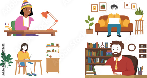 Diverse group of people working remotely from home, modern work from home lifestyle concept, flat vector illustration