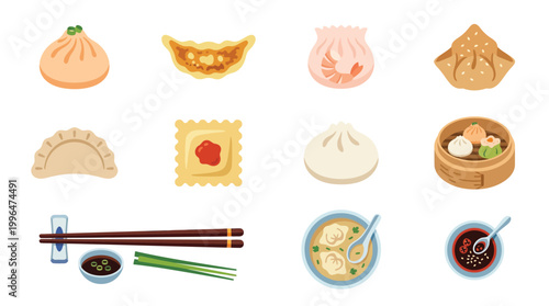 A vibrant collection of various Asian dumplings and dim sum, including soup dumplings, potstickers, wontons, and steamed buns, alongside chopsticks and dipping sauce.