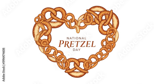 National Pretzel Day illustration featuring an arrangement of twisted soft pretzels forming a heart shape, presented in a vector style on a white background to celebrate the traditional