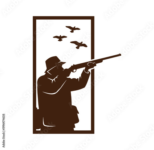 Silhouette of a man aiming a shotgun at flying birds  hunting scene