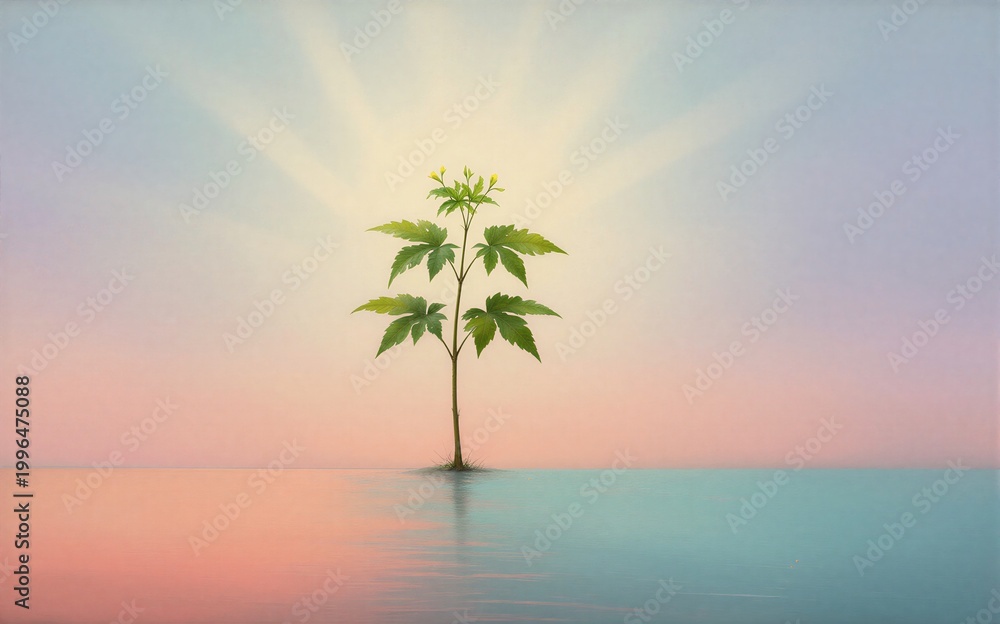 Obraz premium A lone plant stands in water rays of light radiate behind it.