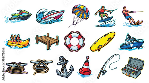 Collection of colorful cartoon illustrations depicting various water sports equipment and marine accessories.