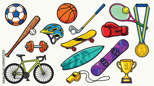 A vibrant collection of sports equipment and athletic gear, showcasing a variety of popular recreational activities and competitive sports.