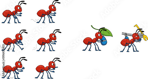 Cute Cartoon Red Ant Character in Multiple Action Poses Carrying Leaf Water Drop and Tool Vector Illustration Set for Children Design