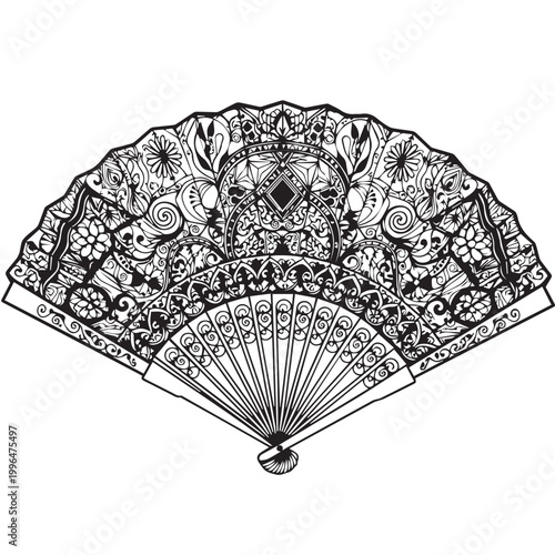 Intricately patterned folding hand fan with detailed ornate design.