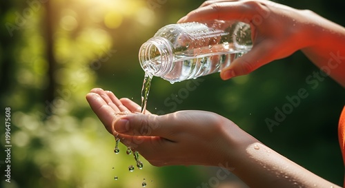 hands pouring fresh water from plastic bottle outdoors