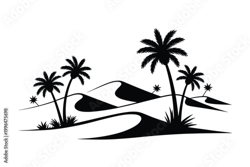 palm trees and sand dunes silhouette on white background