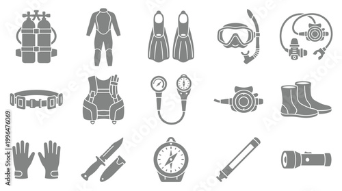 Collection of Scuba Diving Equipment Icons, Including a Wetsuit, Mask, Fins, Tanks, and Other Essential Gear for Underwater Exploration.