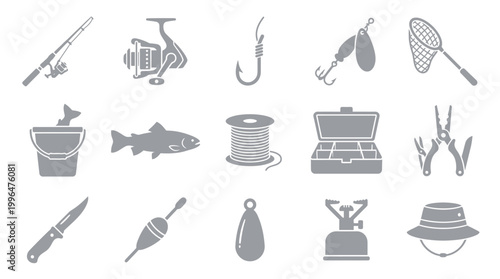 A collection of essential fishing gear and equipment, including rods, reels, lures, nets, tackle boxes, and accessories for a successful fishing trip.