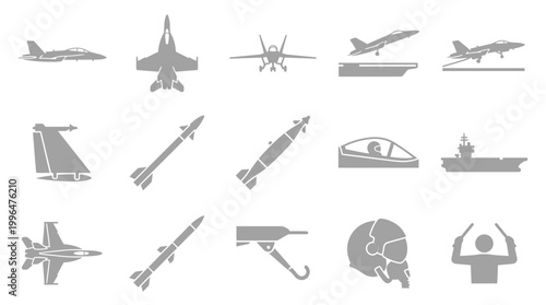 Collection of Silhouetted Icons Representing Military Aviation and Naval Operations, Including Fighter Jets, Missiles, Aircraft Carriers, and Pilot Gear.