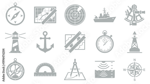 Collection of nautical and navigational icons, including compasses, lighthouses, anchors, maps, radar, sextants, and ships.