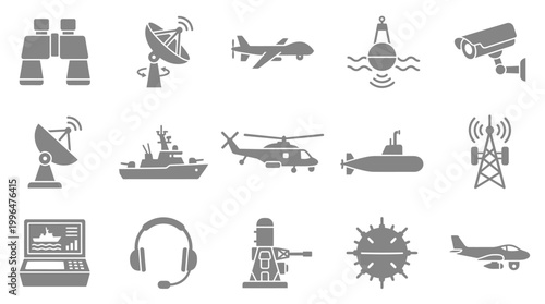 Collection of military and surveillance technology icons including binoculars, radar, aircraft, surveillance cameras, ships, submarines, and communication towers.