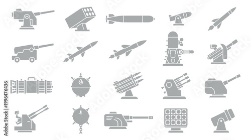 Collection of Silhouetted Military Weaponry Icons, Including Cannons, Missiles, Torpedoes, and Naval Mines.