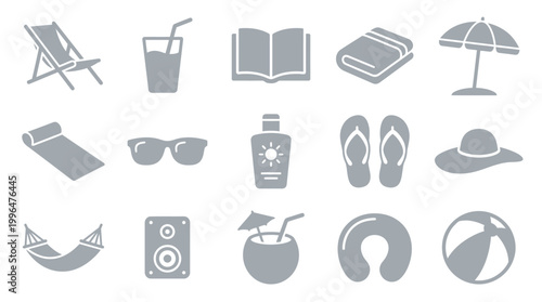 A collection of grey icons , including a lounge chair, drink, book, towel, umbrella, mat, sunglasses, sunscreen, flip-flops, hat, hammock, speaker, coconut drink, neck pillow, and beach ball.