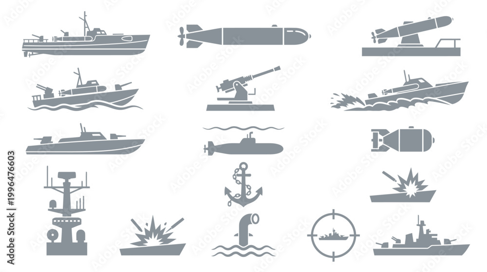 Naklejka premium Collection of detailed vector icons representing various naval vessels, weaponry, and maritime combat elements.