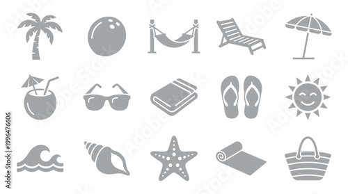 A collection of gray icons representing various beach and summer vacation elements, including a palm tree, coconut drink, sunglasses, beach chair, umbrella, and waves.
