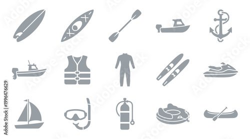 Collection of water sports equipment and vehicles, including a surfboard, kayak, paddle, boat, anchor, life vest, wetsuit, skis, jet ski, sailboat, snorkel, scuba tank, raft, and canoe.