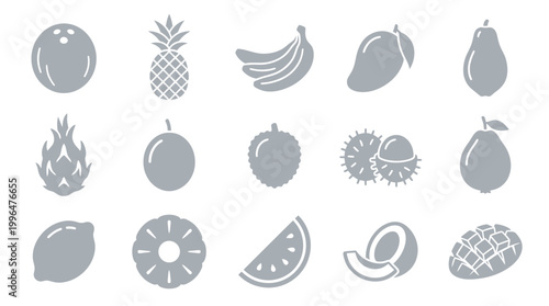 A collection of 15 stylized gray icons representing various tropical and common fruits, arranged in a 3x5 grid.