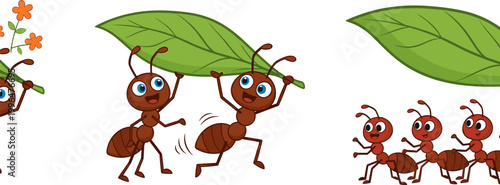 Cute Cartoon Red Ant Team Carrying Big Green Leaf and Flower Together Teamwork Vector Illustration Set for Children Design