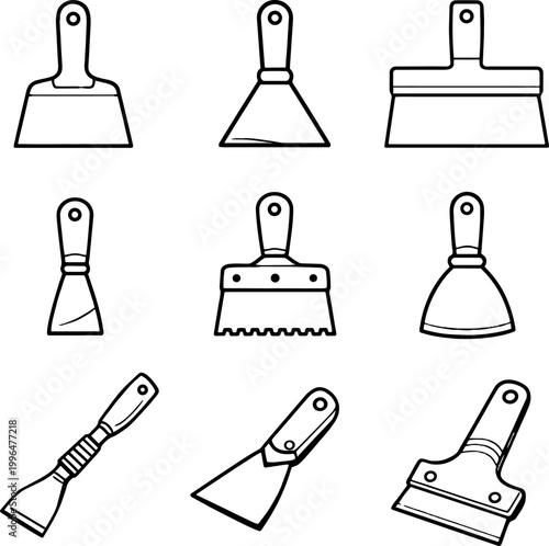 Set of nine different putty knife and scraper illustrations in black outline on white