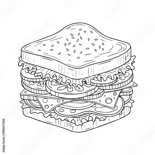 A hearty multi-layer sandwich with cheese, lettuce, and tomatoes stacked between slices of bread.