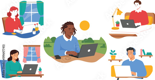 Diverse People Working Remotely from Home Work From Home Concept Flat Vector Illustration