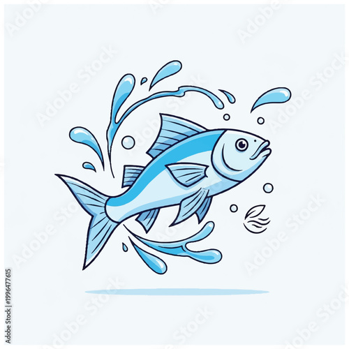 Blue Fish Illustration with Water Splash 1.
