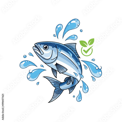 Blue Fish Illustration with Water Splash.