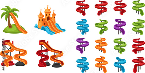 Colorful Cartoon Water Park Spiral Slide Castle Palm Island and Pool Ride Collection Vector Illustration Set for Summer Amusement Design