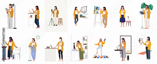 Set of diverse women illustrations engaged in remote work, telemedicine, health monitoring, and technology usage, wearing yellow cardigans in various everyday scenarios.