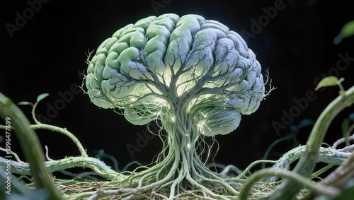 Brain tree with roots spreading outward