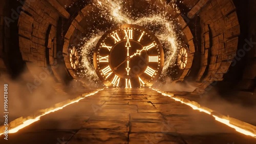 Abstract time tunnel with illuminated clock and particle effects