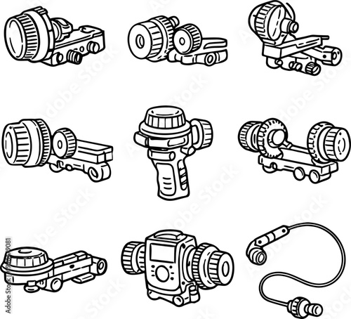 Detailed line art illustrations of various rifle scopes and red dot sight optics
