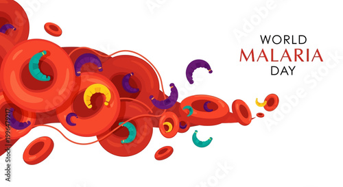 A vector illustration highlights World Malaria Day with stylized red blood cells and colorful parasite shapes symbolizing infectious disease awareness, presented against a clean white